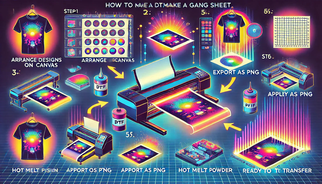 DTF printer printing custom designs onto a transfer film for gang sheet production.