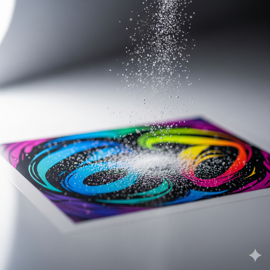DTF powder on PET film – Fine adhesive powder sprinkled on printed film before heat transfer.