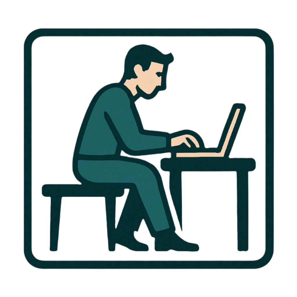 A man sitting on table and sufring on the web, A square icon-styled, dark cyan and brown colors