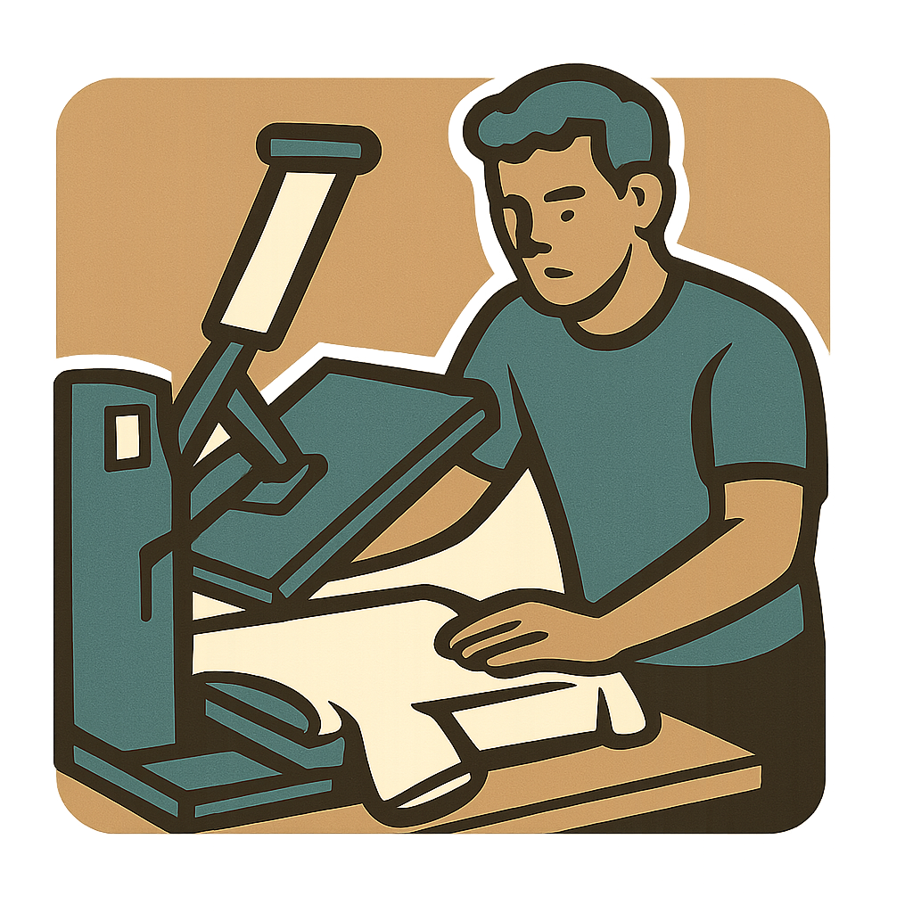 A man using heatpress machine on a t-shirt, A square icon-styled, dark cyan and brown colors