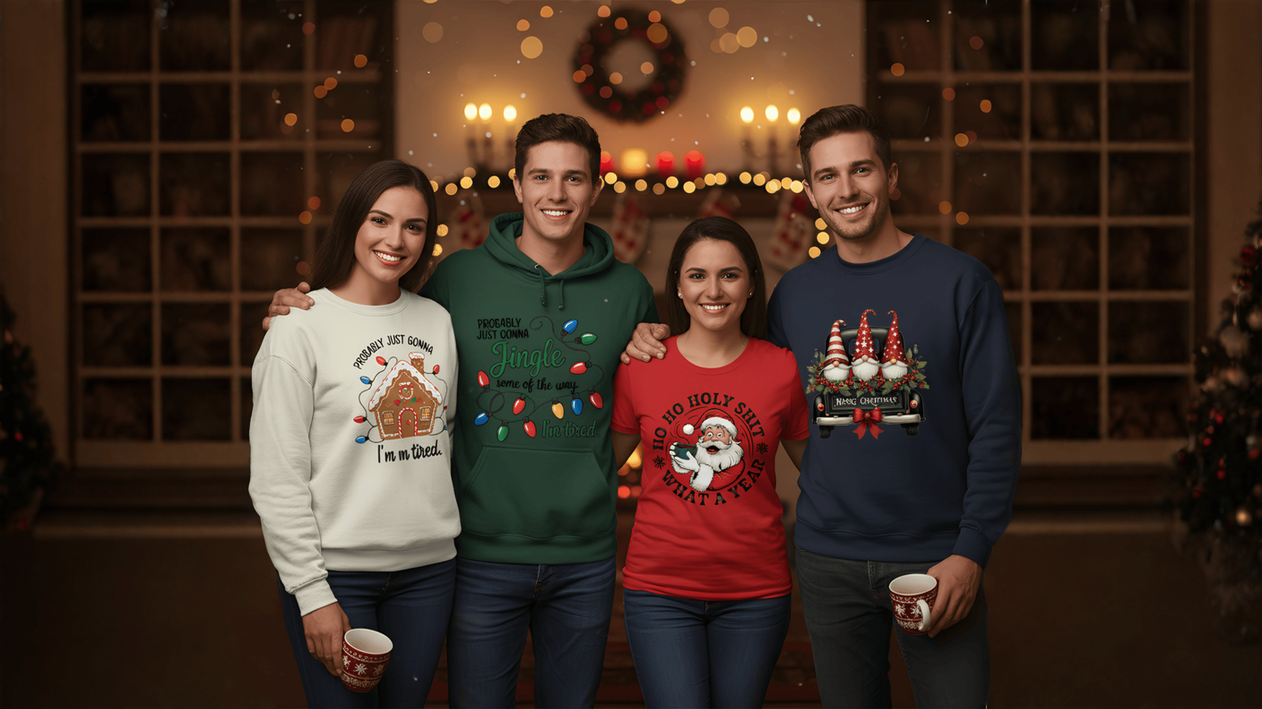 Four friends wearing festive sweaters in a cozy indoor setting with Christmas decorations.