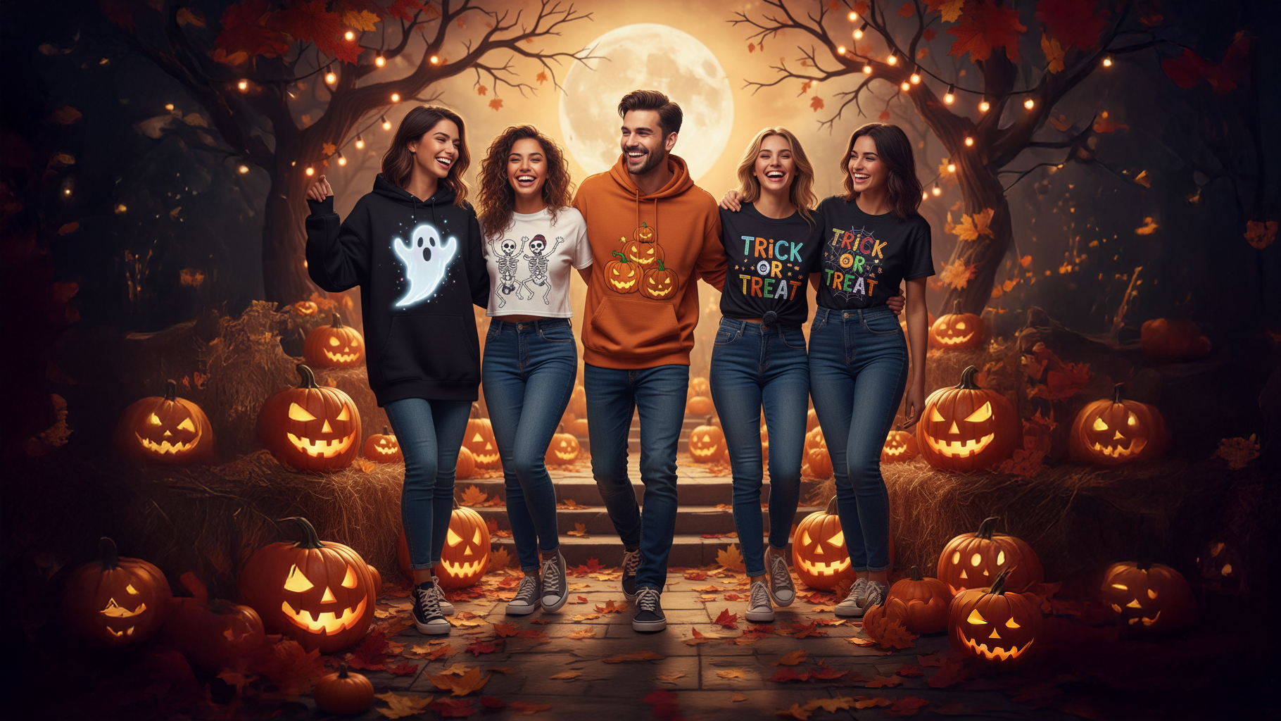Five friends standing together in a Halloween-themed setting with pumpkins and a full moon.